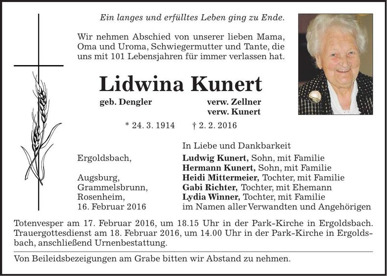 Traueranzeige Lidwinia Kunert