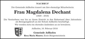 Traueranzeige Magdalena Dechant