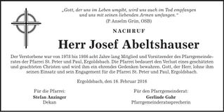 Traueranzeige Josef Abeltshauser