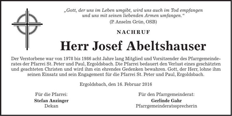 Traueranzeige Josef Abeltshauser