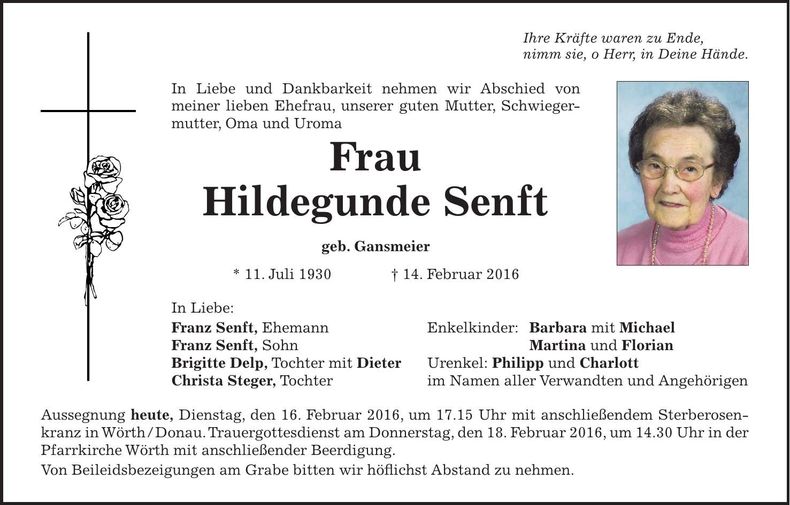Traueranzeige Hildegunde Senft