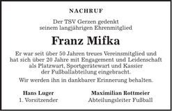 Traueranzeige Franz Mifka