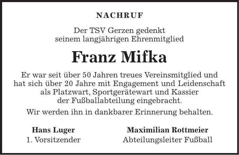 Traueranzeige Franz Mifka