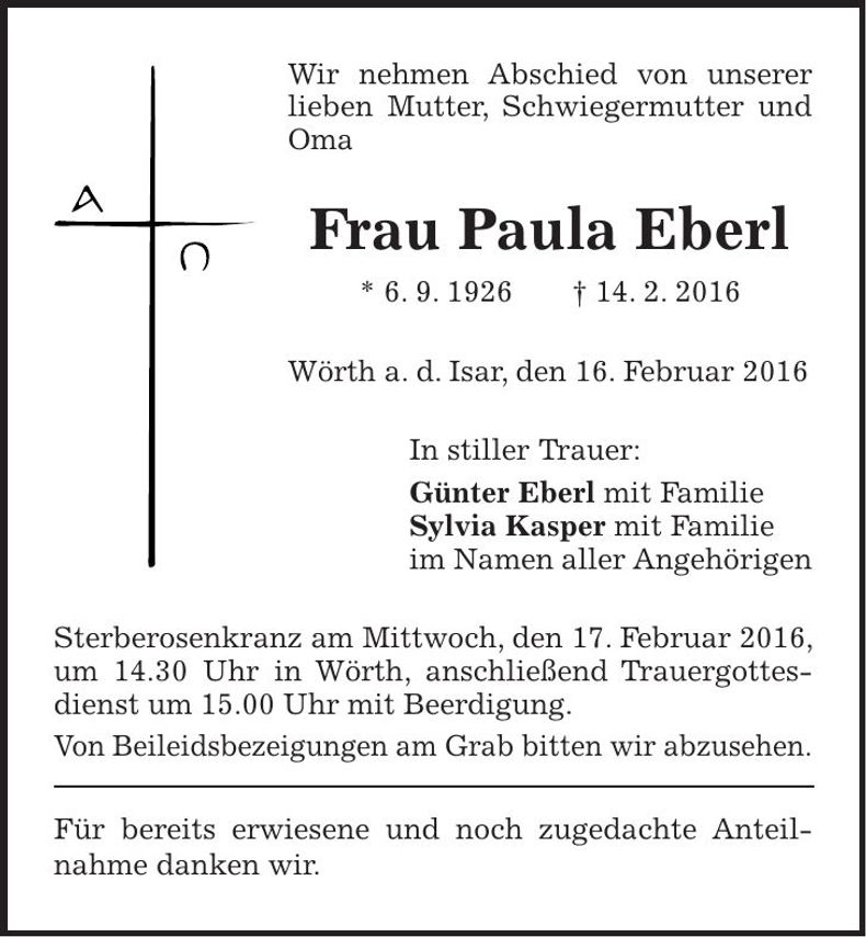 Traueranzeige Paula Eberl