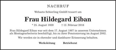 Traueranzeige Hildegard Eiban