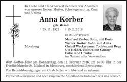 Traueranzeige Anna Korber