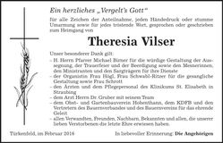 Traueranzeige Theresia Vilser