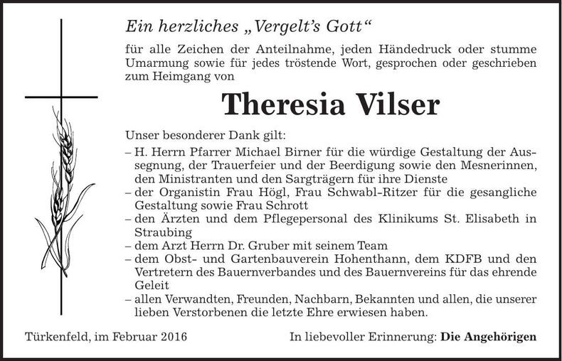 Traueranzeige Theresia Vilser