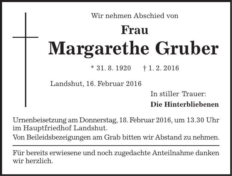 Traueranzeige Margarethe Gruber