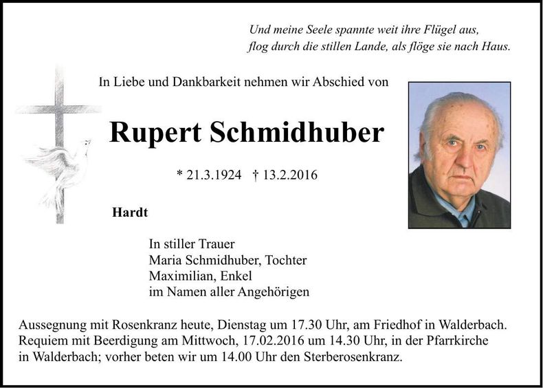 Traueranzeige Rupert Schmidhuber