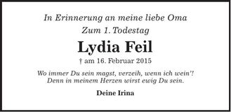 Traueranzeige Lydia Feil