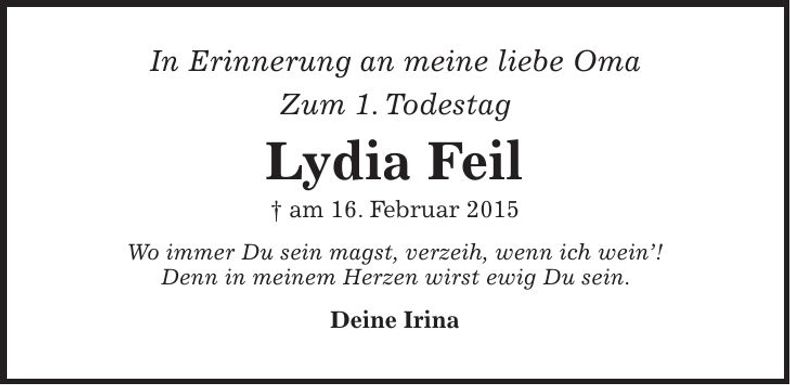 Traueranzeige Lydia Feil
