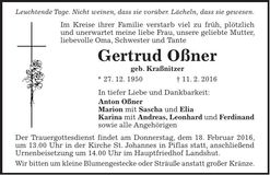 Traueranzeige Gertrud Oßner