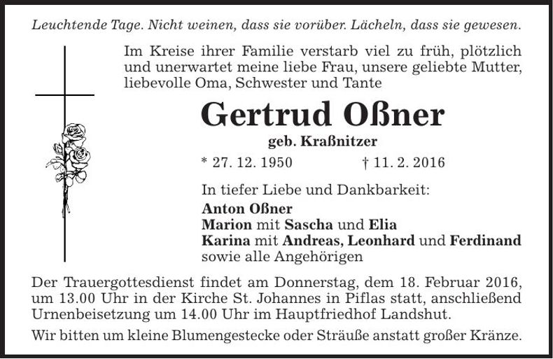 Traueranzeige Gertrud Oßner