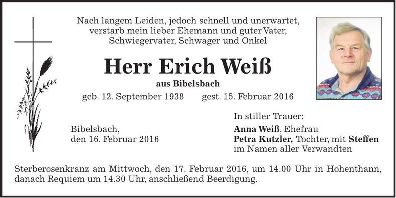 Traueranzeige Erich Weiß