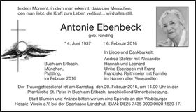 Traueranzeige Antonie Ebenbeck