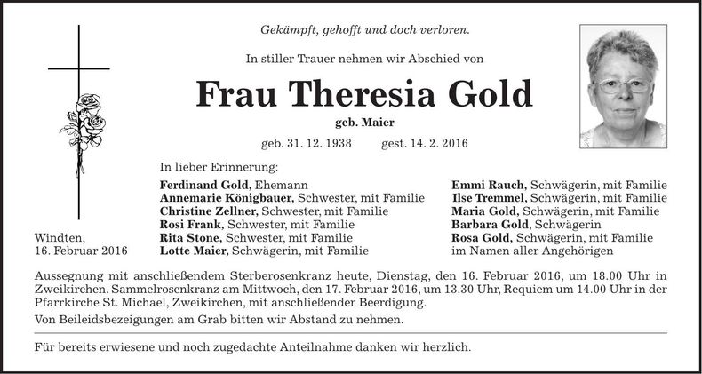 Traueranzeige Theresia Gold