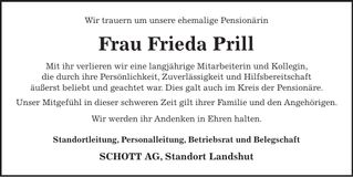 Traueranzeige Frieda Prill