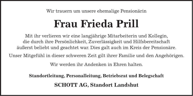 Traueranzeige Frieda Prill