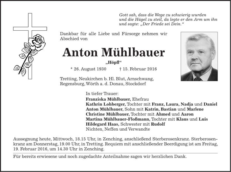 Traueranzeige Anton Mühlbauer