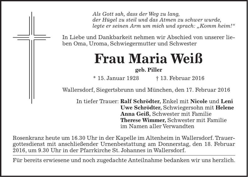 Traueranzeige Maria Weiß