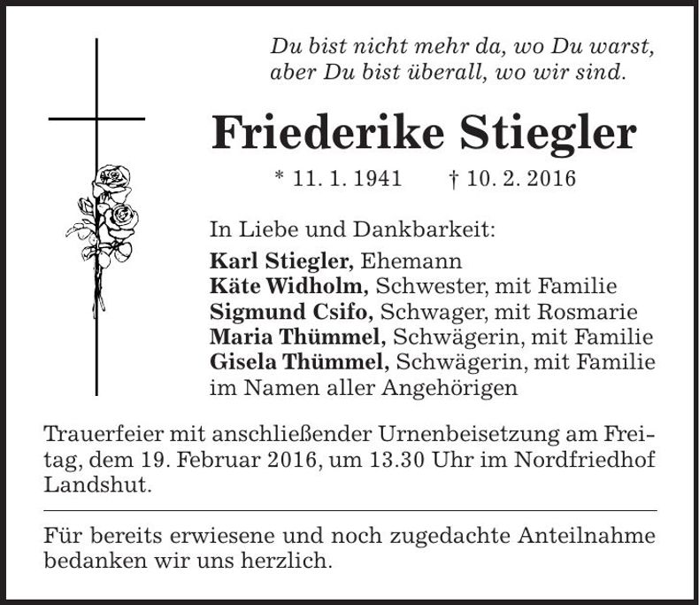 Traueranzeige Friederike Stiegler