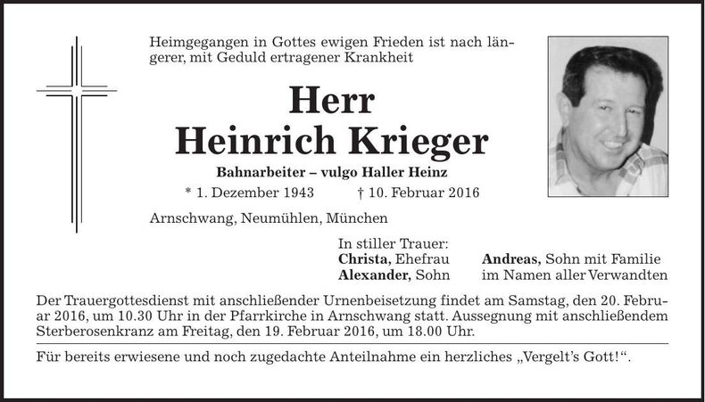 Traueranzeige Heinrich Krieger