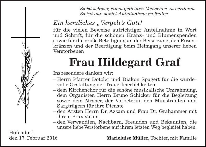 Traueranzeige Hildegard Graf