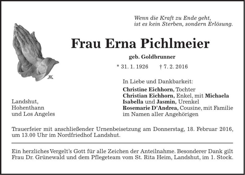 Traueranzeige Erna Pichlmeier