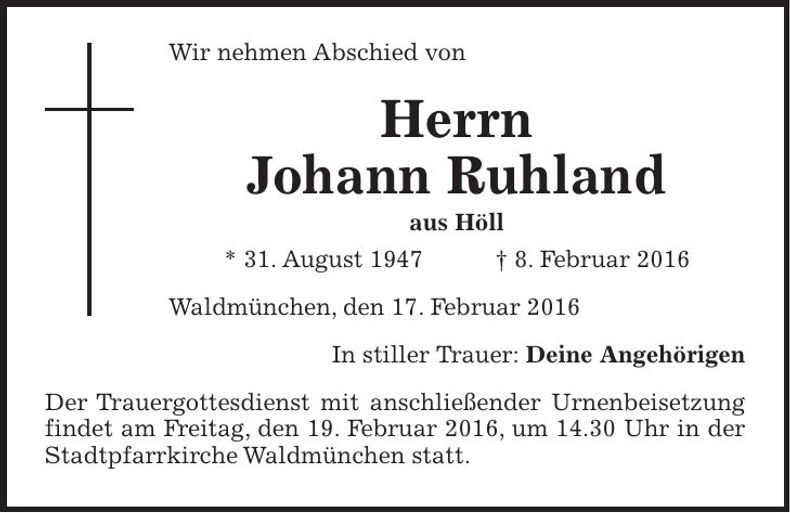 Traueranzeige Johann Ruhland
