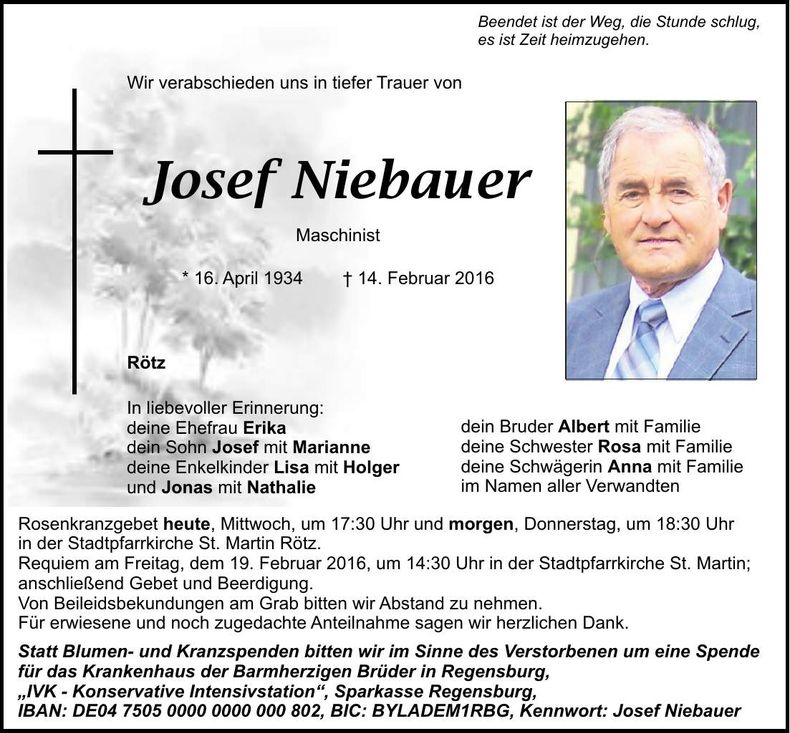 Traueranzeige Josef Niebauer