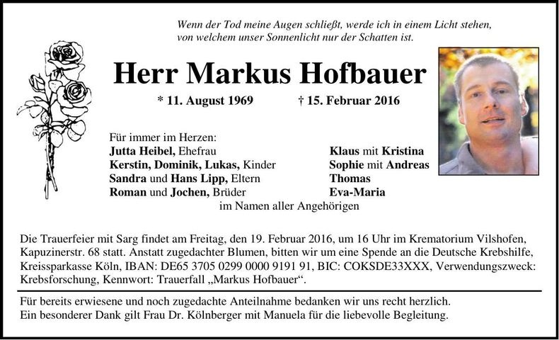 Traueranzeige Markus Hofbauer