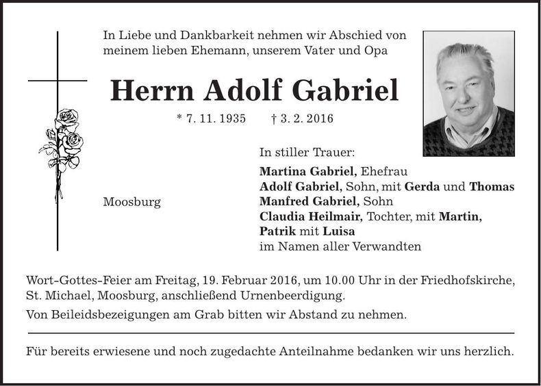 Traueranzeige Adolf Gabriel