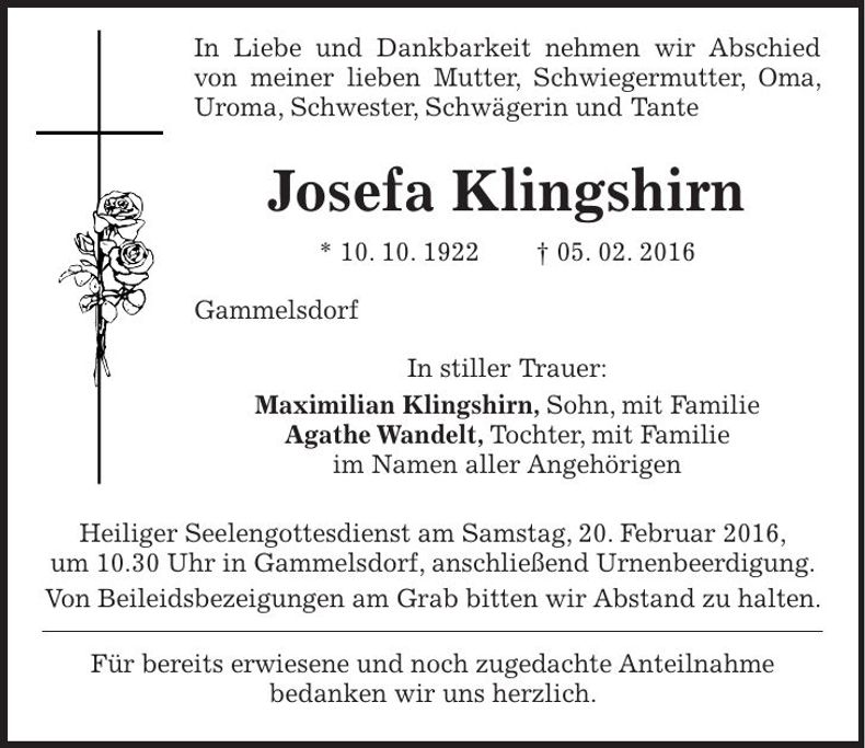 Traueranzeige Josefa Klingshirn