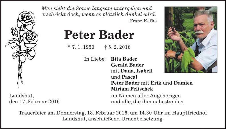 Traueranzeige Peter Bader
