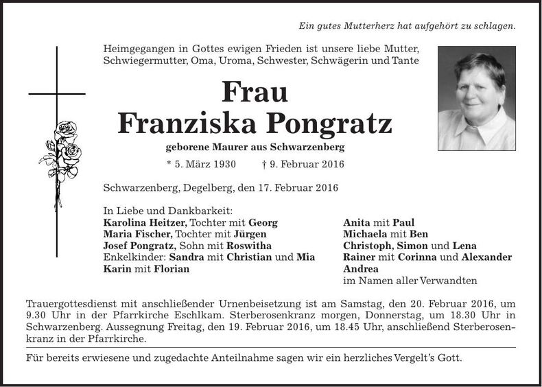 Traueranzeige Franziska Pongratz