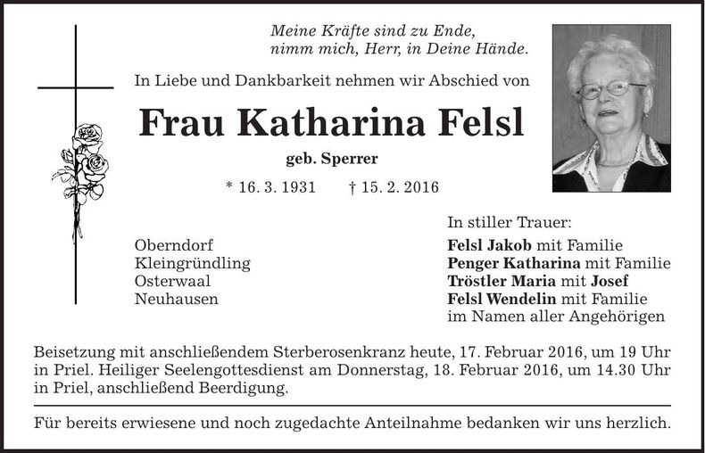 Traueranzeige Katharina Felsl