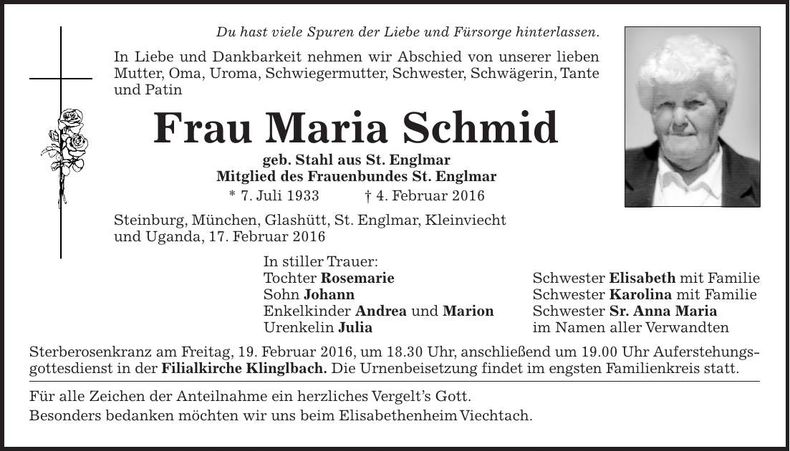 Traueranzeige Schmid Maria