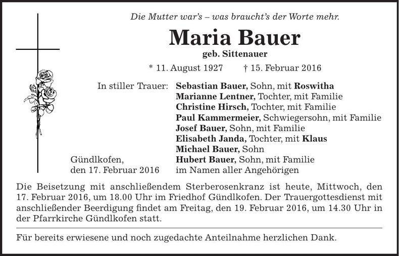 Traueranzeige Maria Bauer