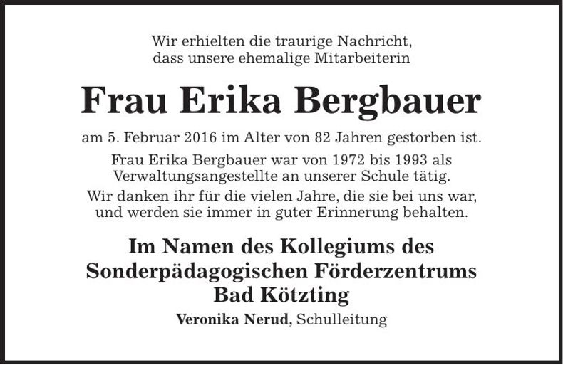 Traueranzeige Erika Bergbauer