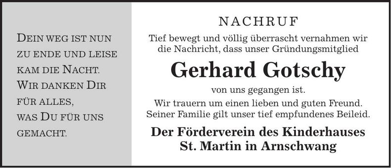 Traueranzeige Gerhard Dr. Gotschy