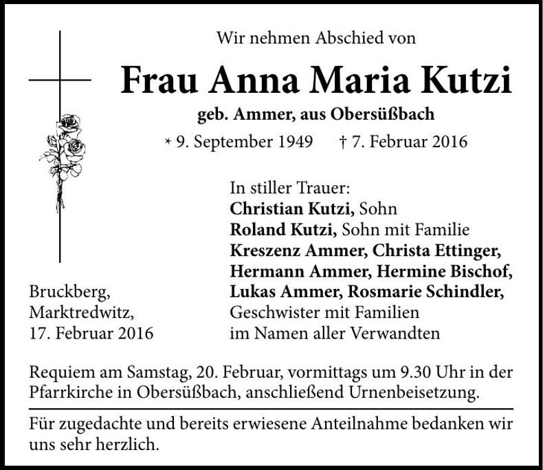 Traueranzeige Anna Maria Kutzi