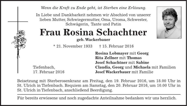 Traueranzeige Rosina Schachtner