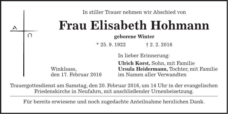 Traueranzeige Elisabeth Hohmann