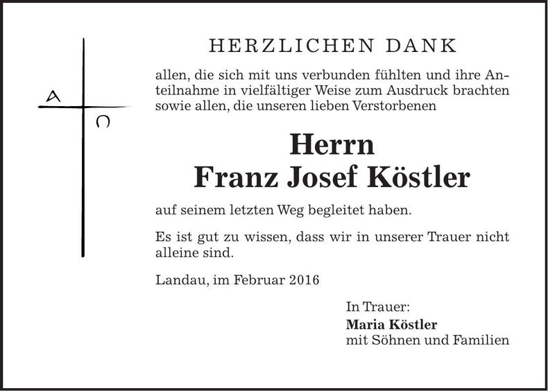 Traueranzeige Franz Josef Köstler
