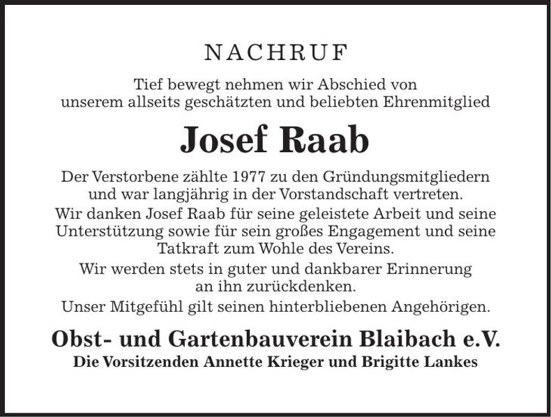 Traueranzeige Joseff Raab