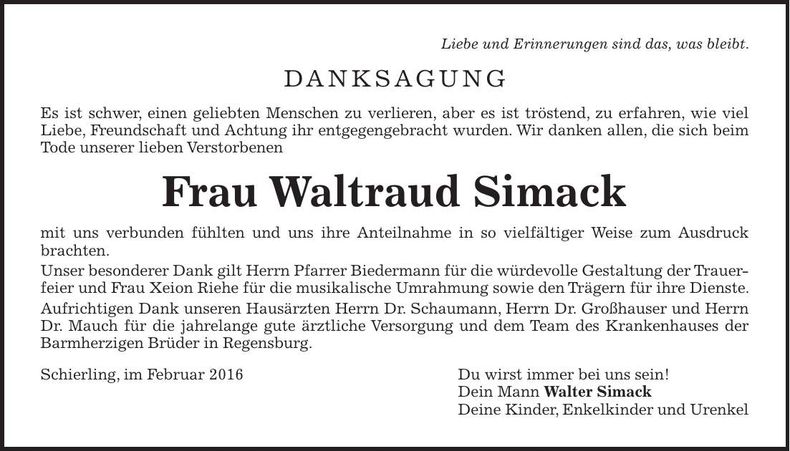 Traueranzeige Waltraud Simack