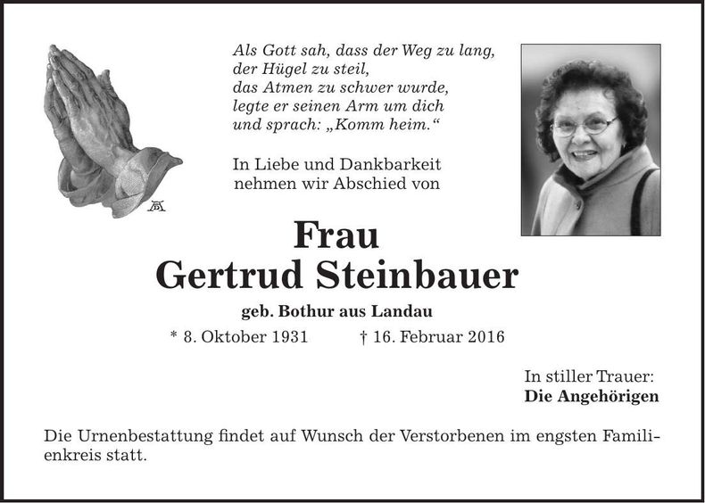 Traueranzeige Gertrud Steinbauer