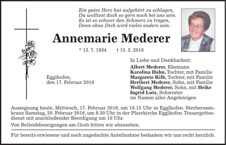 Traueranzeige Annemarie Mederer