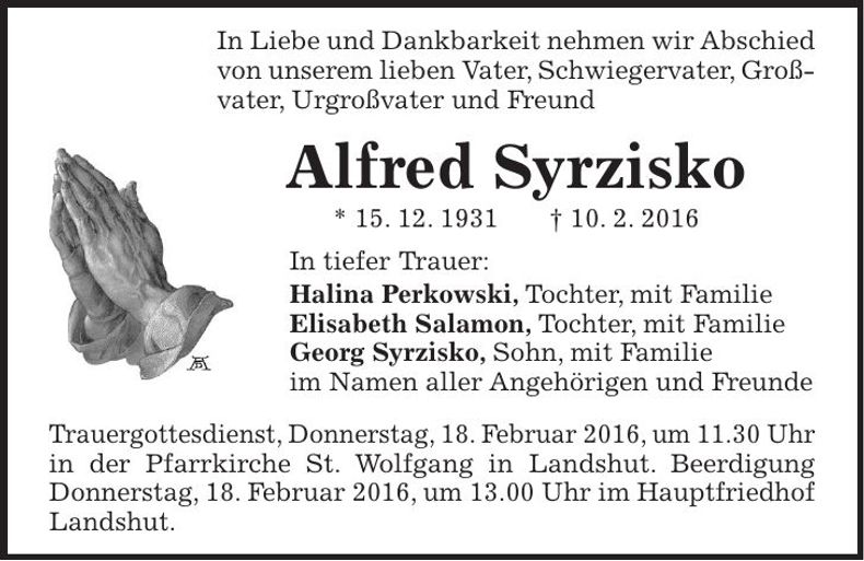 Traueranzeige Alfred Syrzisko